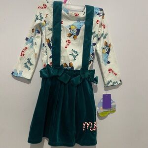 Festive Owl Print Dress with Green Velvet Skirt